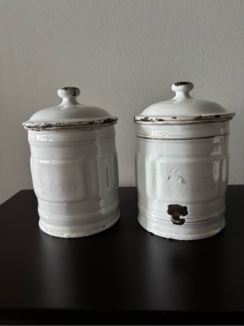 Set/2 antique enamel storage jars